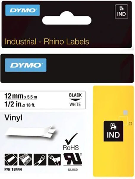 Picture of 12mm DYMO RHINO 18444 Black on White Vinyl